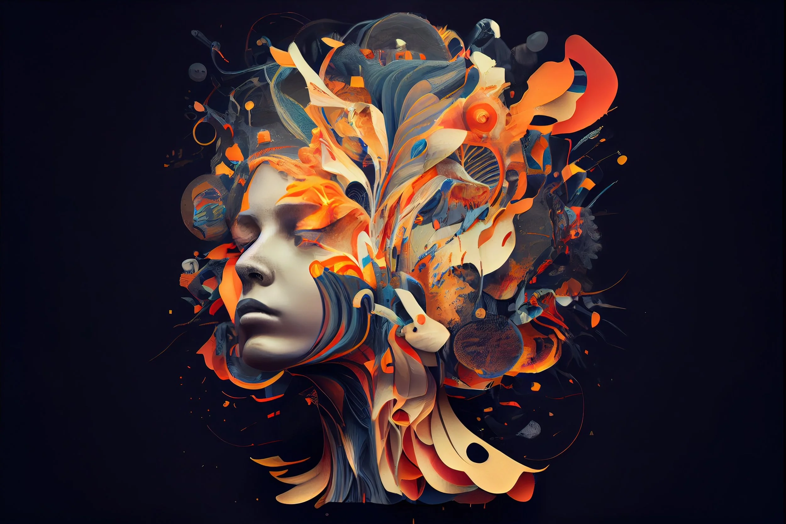 A sculptural head surrounded by colorful, flowing abstract forms